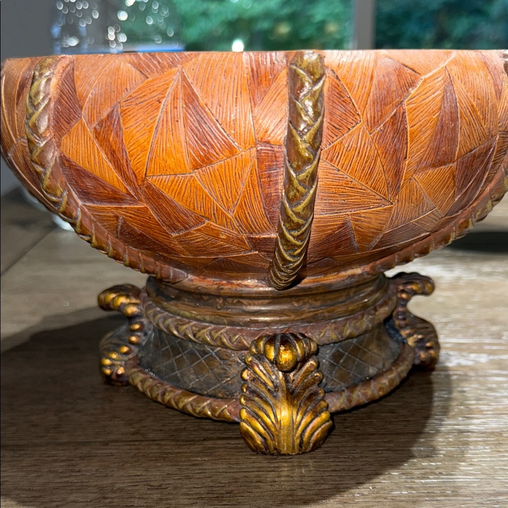 Vintage  Ornate Carved ceramic Bowl with Gold Accents